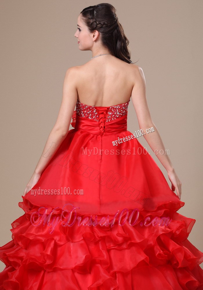 Beaded Decorate Strapless Hand Made Flower Ruffled Layers Red Floor-length 2013 Prom / Evening Dress