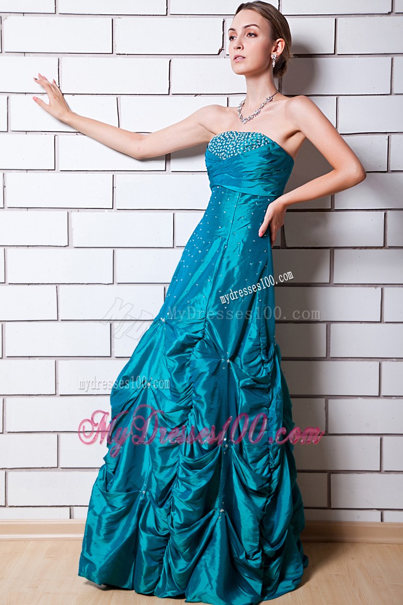 Teal A-line Strapless Floor-length Taffeta Beading Prom Dress
