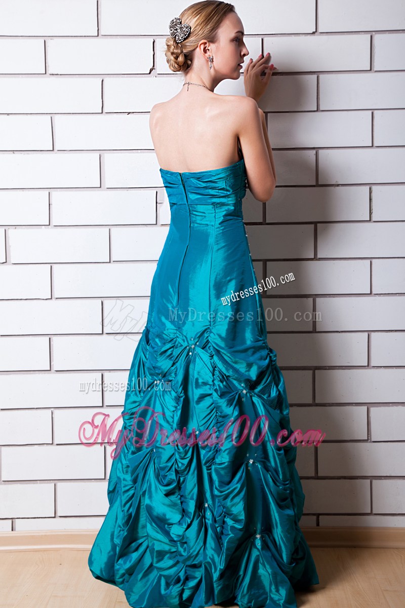 Teal A-line Strapless Floor-length Taffeta Beading Prom Dress