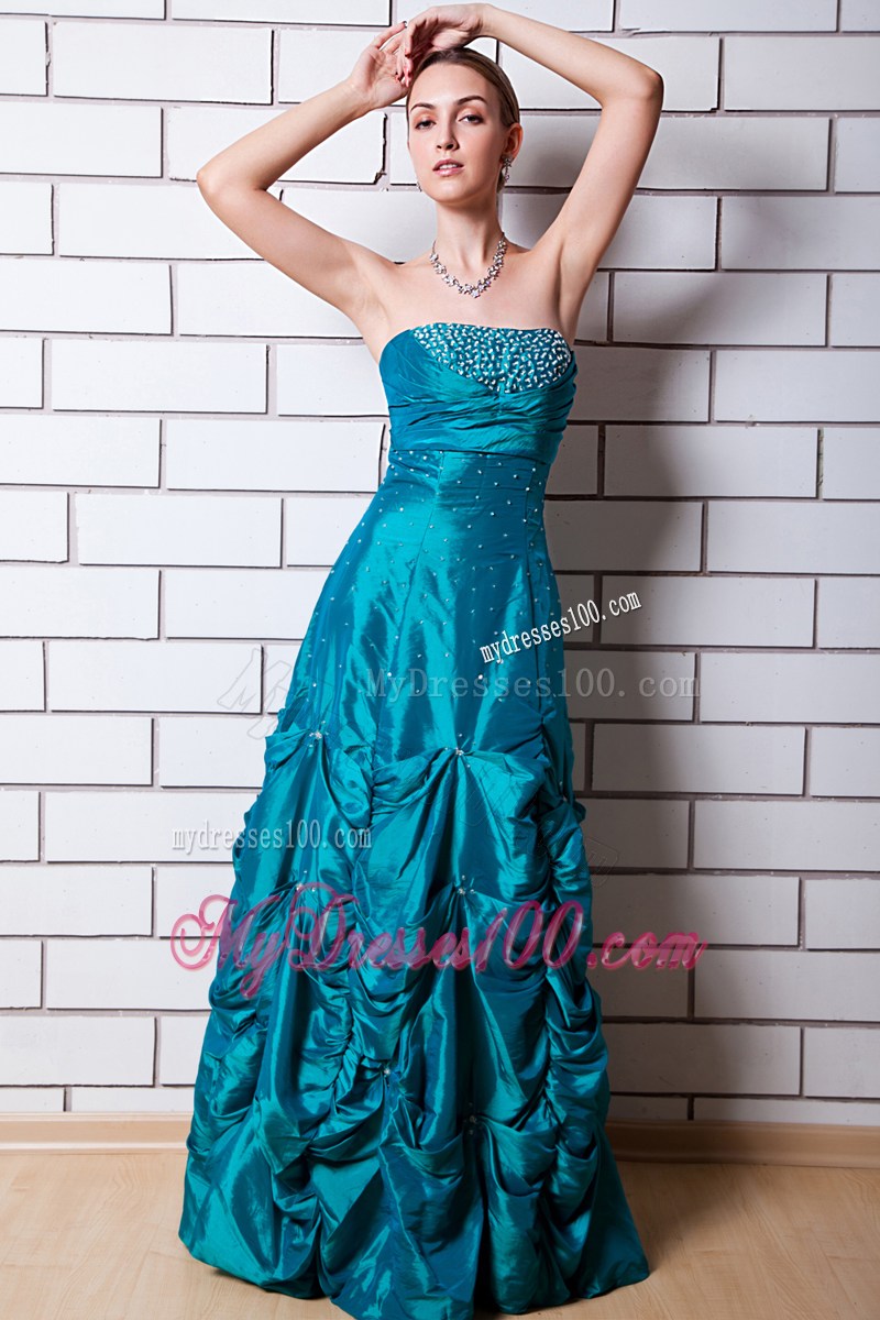 Teal A-line Strapless Floor-length Taffeta Beading Prom Dress