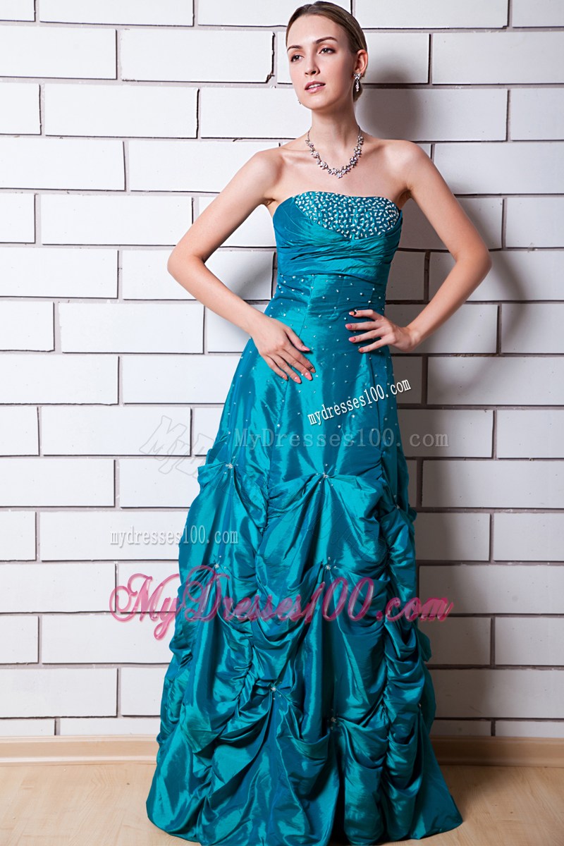Teal A-line Strapless Floor-length Taffeta Beading Prom Dress