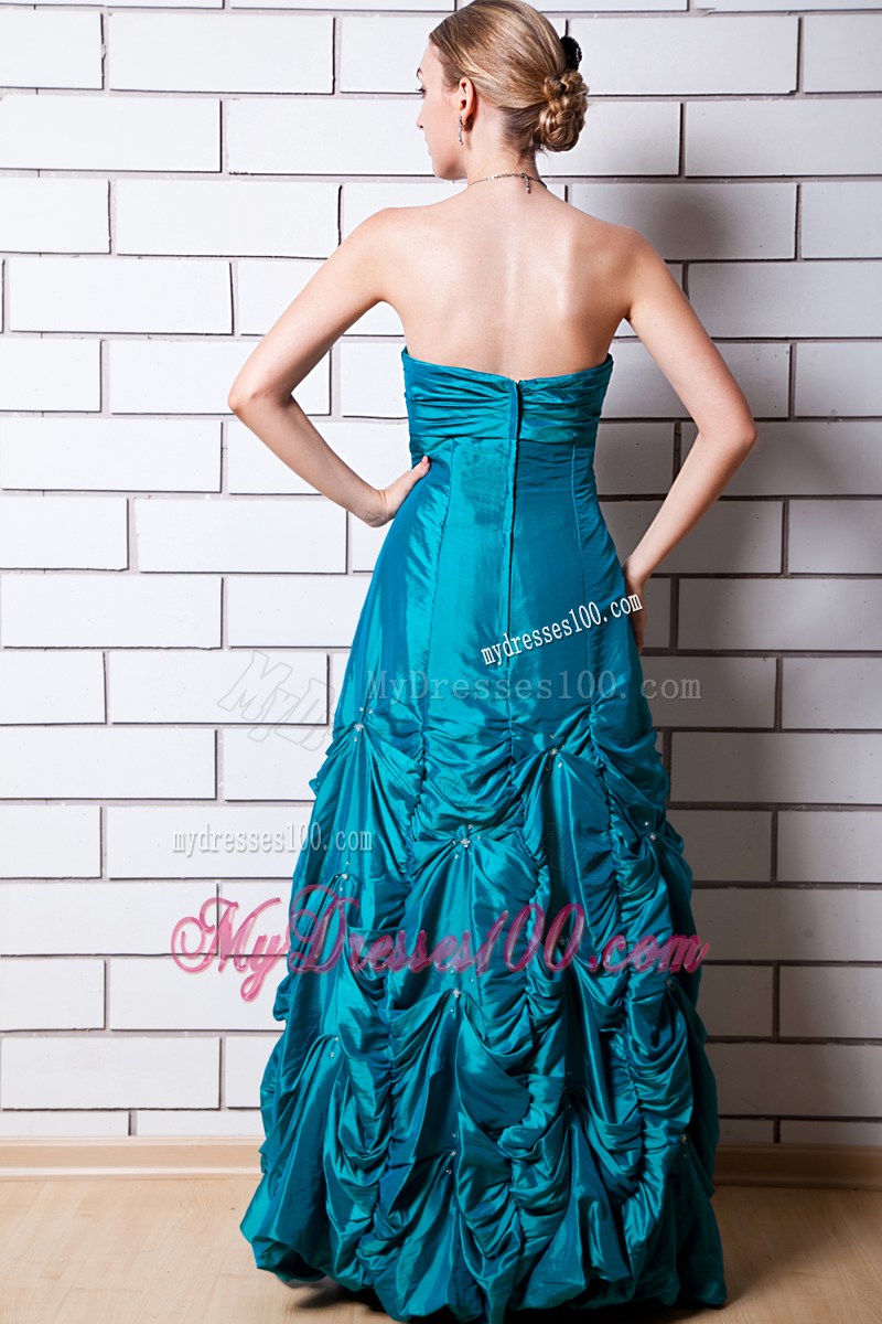 Teal A-line Strapless Floor-length Taffeta Beading Prom Dress