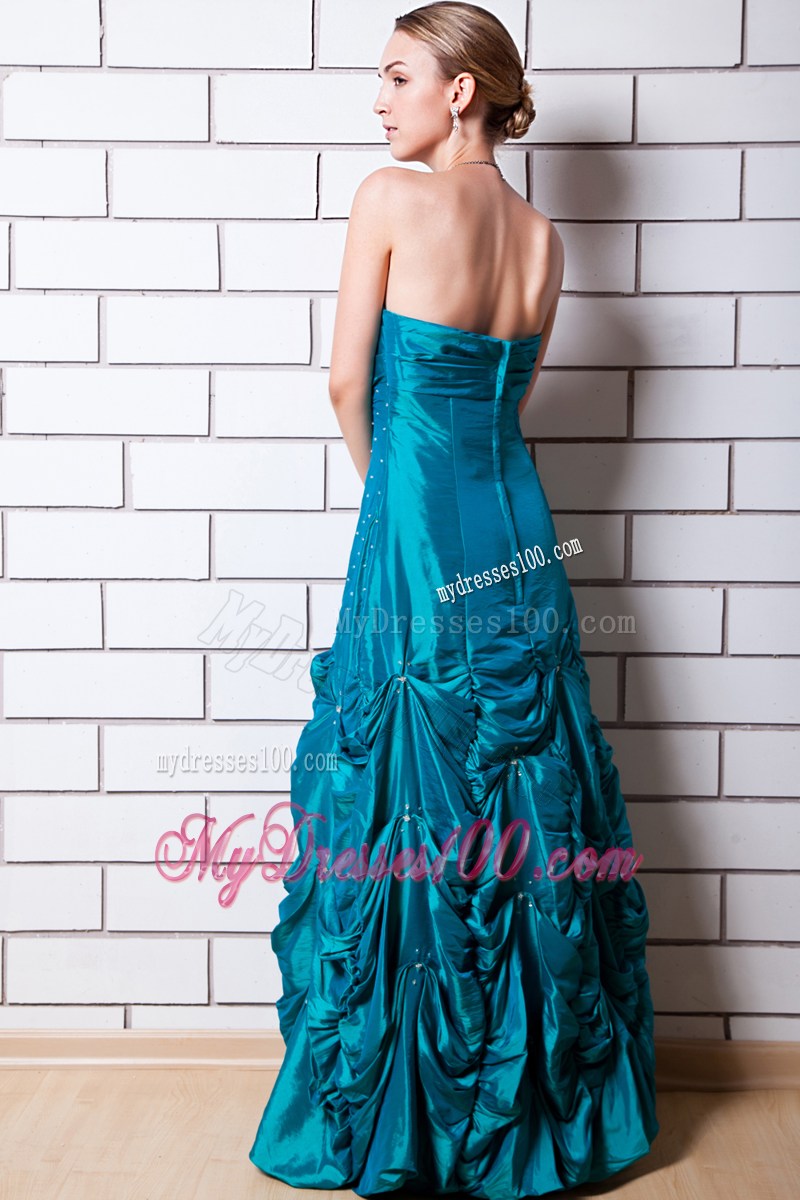 Teal A-line Strapless Floor-length Taffeta Beading Prom Dress
