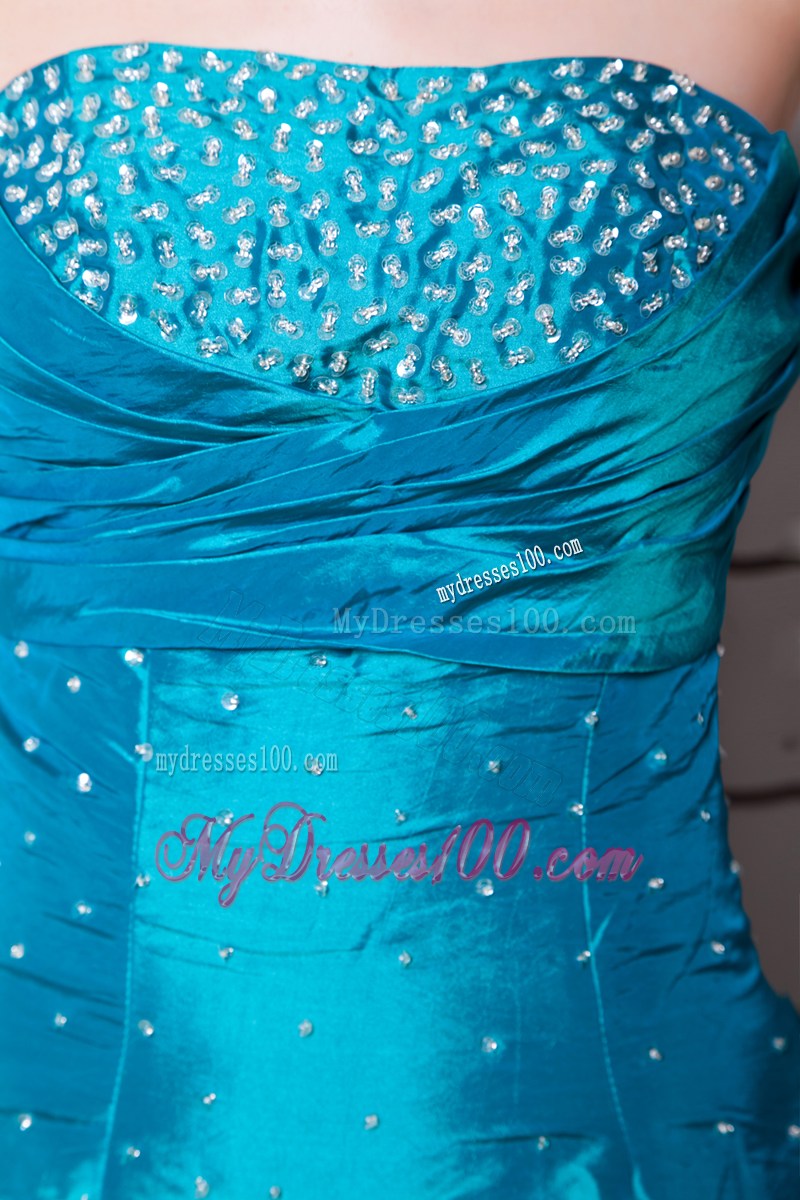 Teal A-line Strapless Floor-length Taffeta Beading Prom Dress