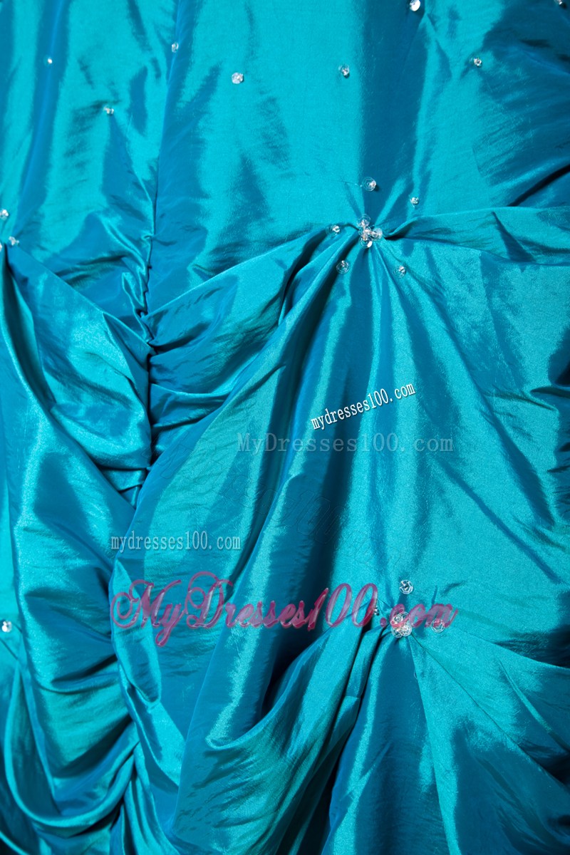 Teal A-line Strapless Floor-length Taffeta Beading Prom Dress