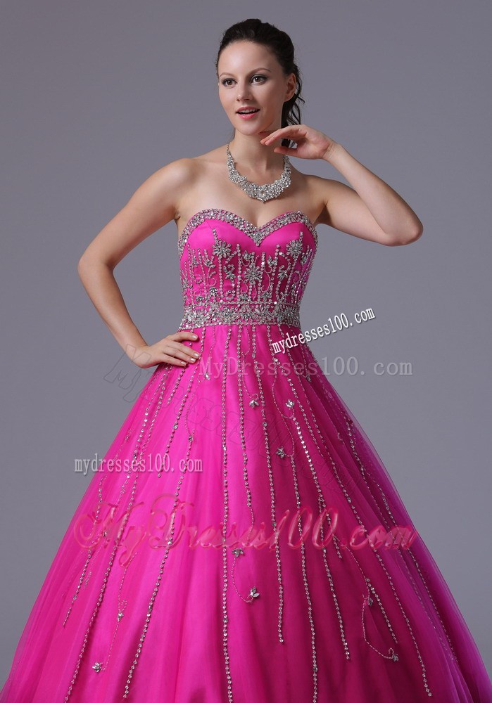 Custom Made Fuchsia Beaded Decorate Evening Dress