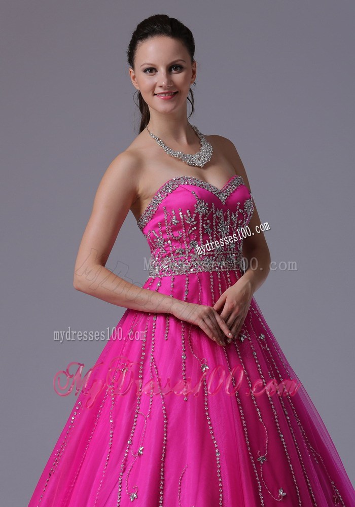 Custom Made Fuchsia Beaded Decorate Evening Dress