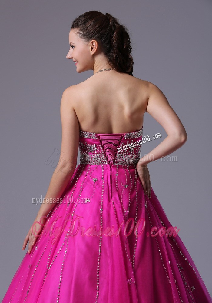 Custom Made Fuchsia Beaded Decorate Evening Dress