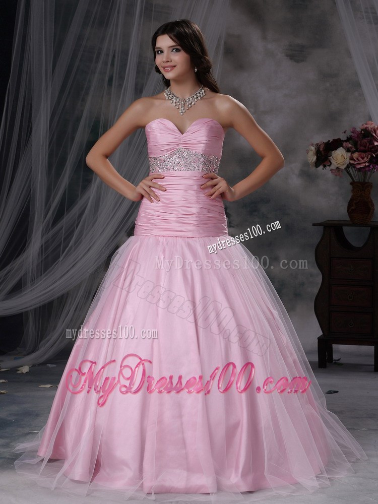Baby Pink A-line Sweetheart Floor-length Tulle and Taffeta Beading Prom Dress