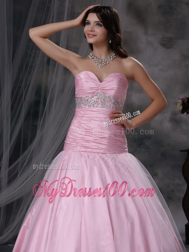 Baby Pink A-line Sweetheart Floor-length Tulle and Taffeta Beading Prom Dress