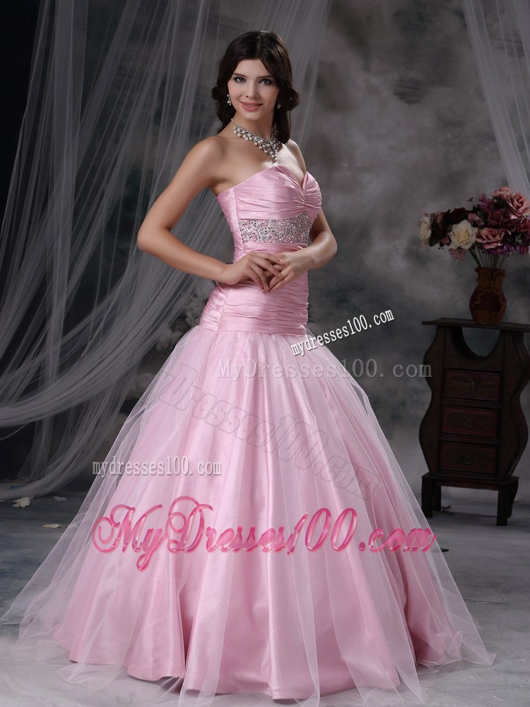 Baby Pink A-line Sweetheart Floor-length Tulle and Taffeta Beading Prom Dress