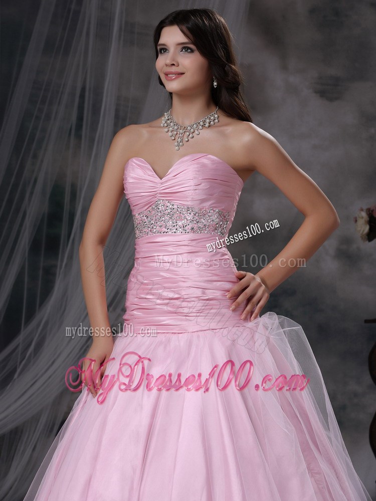 Baby Pink A-line Sweetheart Floor-length Tulle and Taffeta Beading Prom Dress