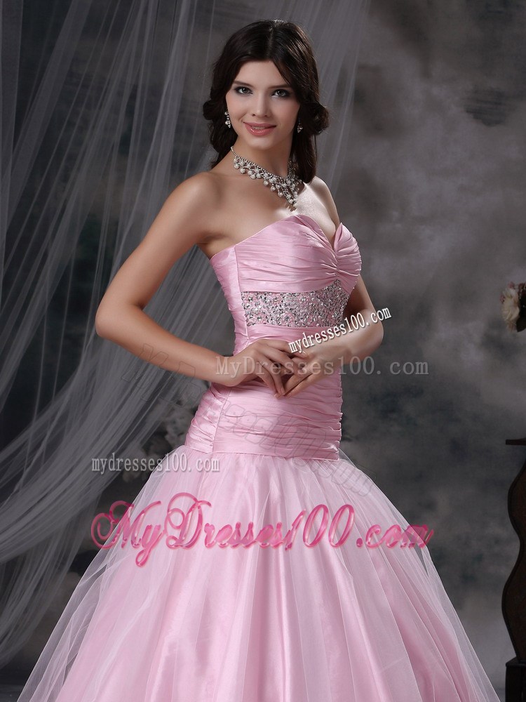 Baby Pink A-line Sweetheart Floor-length Tulle and Taffeta Beading Prom Dress