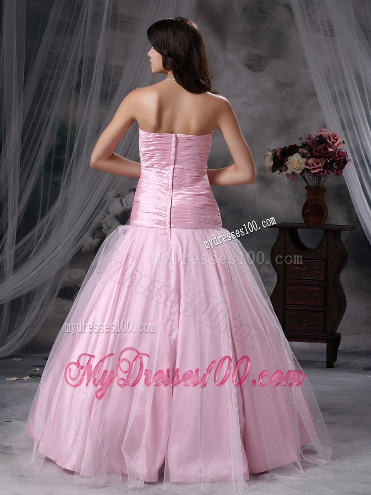 Baby Pink A-line Sweetheart Floor-length Tulle and Taffeta Beading Prom Dress