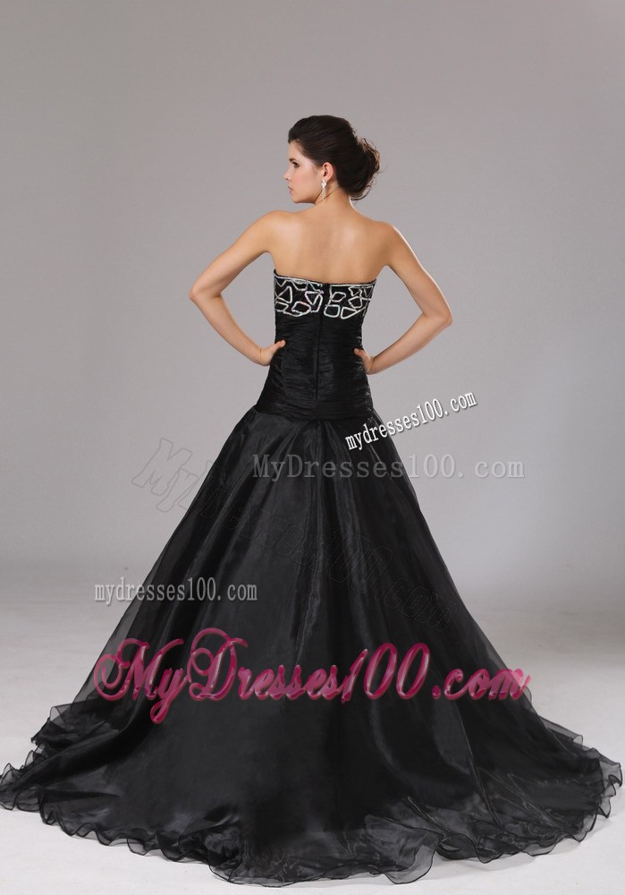 Sweetheart Black Evening Dress With Brush Train and Beaded