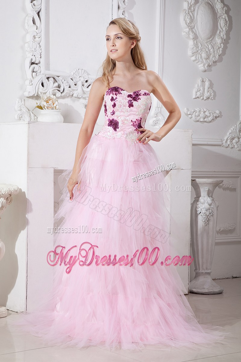 Baby Pink Sweetheart Brush Train Appliques Evening Dress