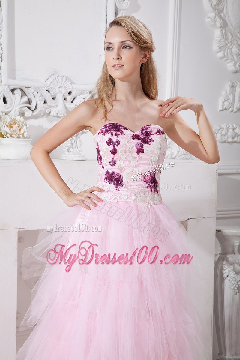 Baby Pink Sweetheart Brush Train Appliques Evening Dress