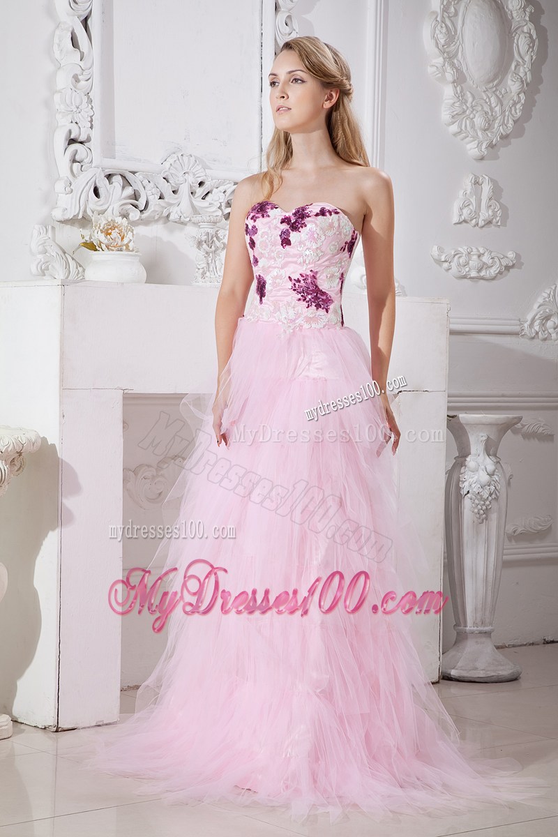 Baby Pink Sweetheart Brush Train Appliques Evening Dress