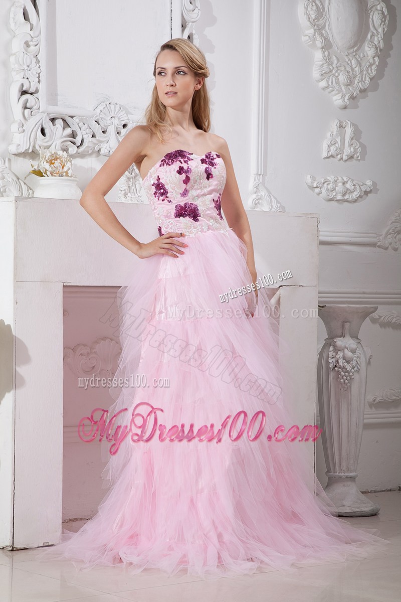 Baby Pink Sweetheart Brush Train Appliques Evening Dress