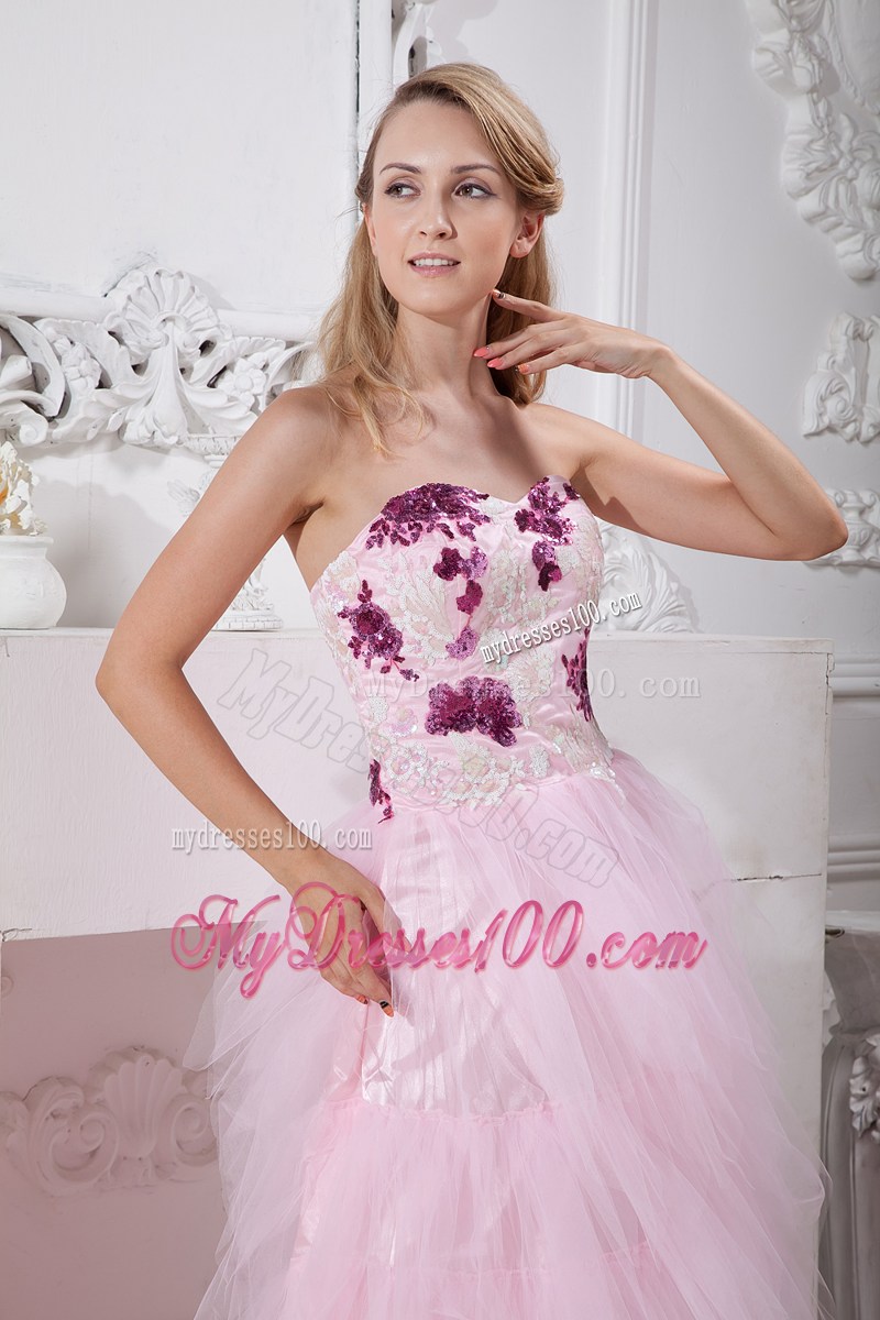 Baby Pink Sweetheart Brush Train Appliques Evening Dress