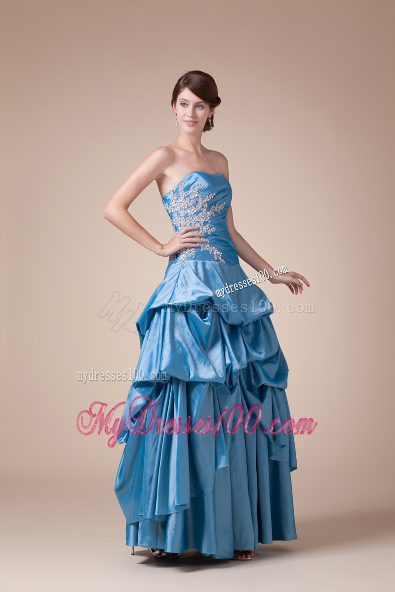 Teal Beading Pick-ups Long Strapless A-line Prom dress