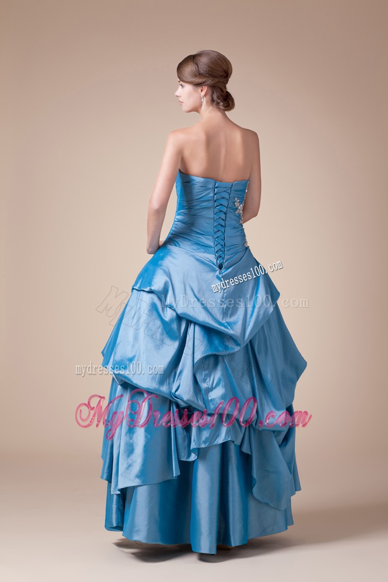 Teal Beading Pick-ups Long Strapless A-line Prom dress