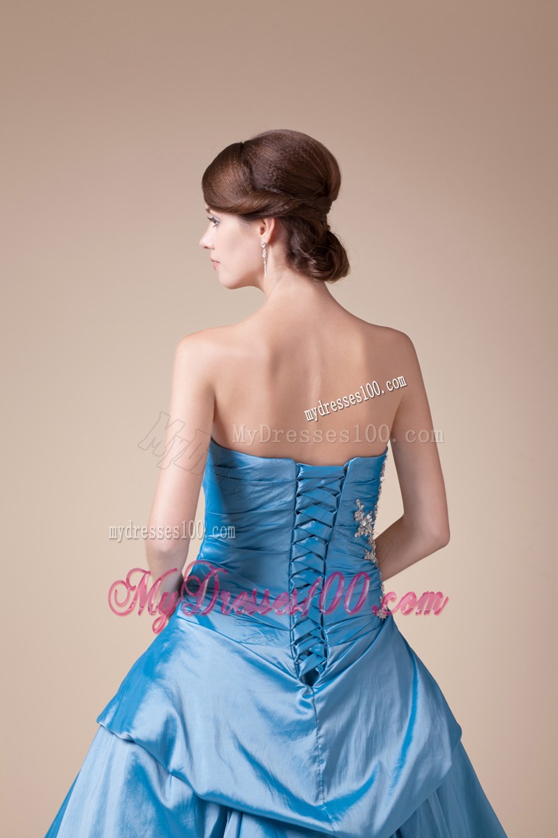 Teal Beading Pick-ups Long Strapless A-line Prom dress