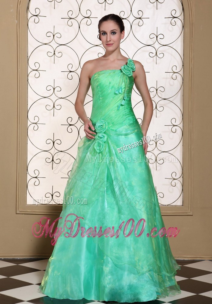 Turquoise One Shoulder Evening Dress Hand Made Flowers