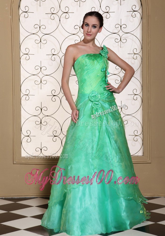 Turquoise One Shoulder Evening Dress Hand Made Flowers