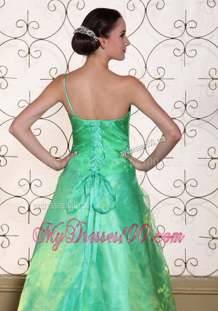Turquoise One Shoulder Evening Dress Hand Made Flowers