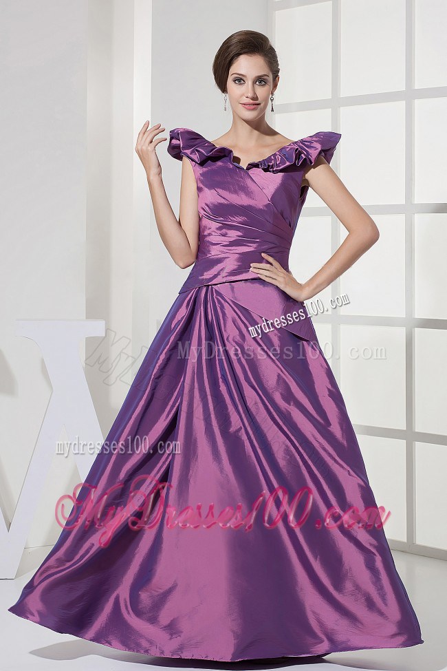 V-neck A-line Purple Taffeta 2013 Prom Dress Floor-length