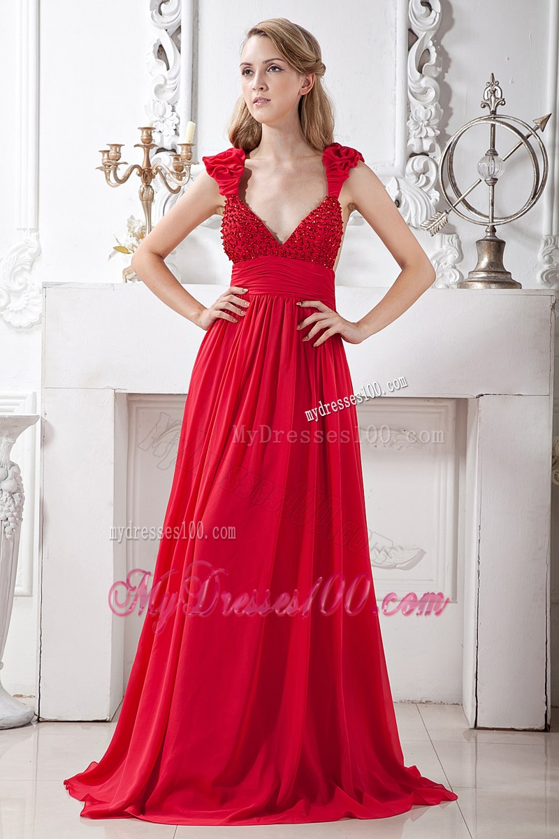 Red V-neck Beading Prom Evening Dress Brush Train