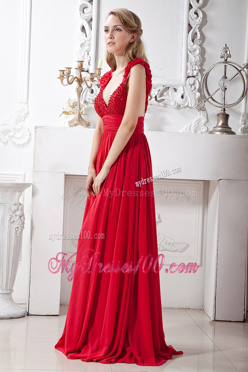 Red V-neck Beading Prom Evening Dress Brush Train