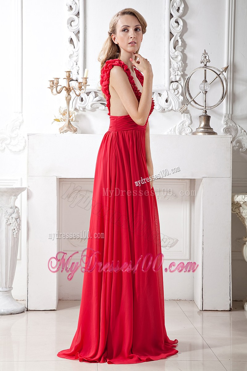 Red V-neck Beading Prom Evening Dress Brush Train