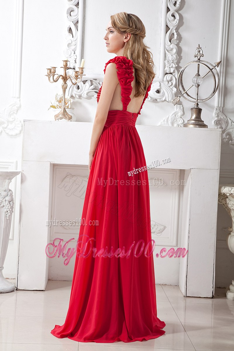 Red V-neck Beading Prom Evening Dress Brush Train