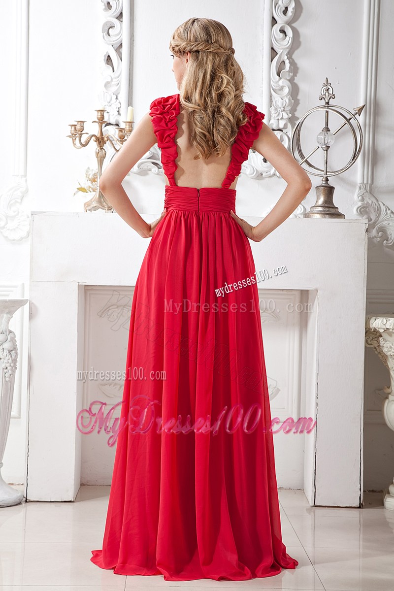 Red V-neck Beading Prom Evening Dress Brush Train