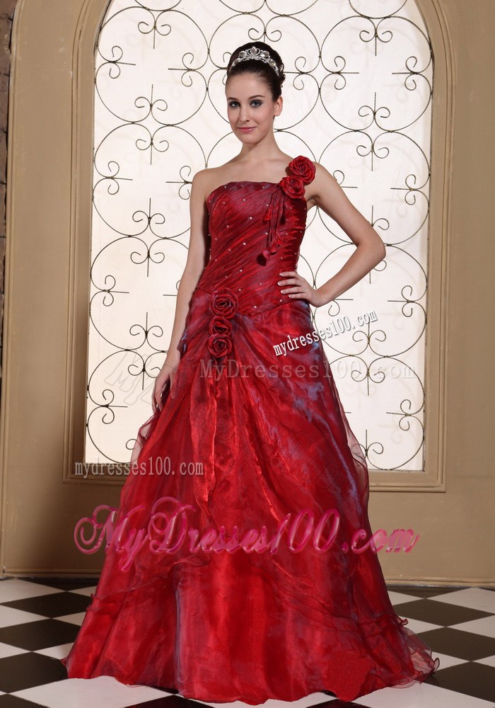 Wine Red One Shoulder Evening Dress Hand Made Flowers