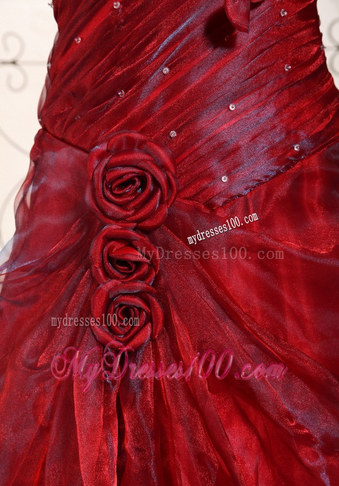 Wine Red One Shoulder Evening Dress Hand Made Flowers