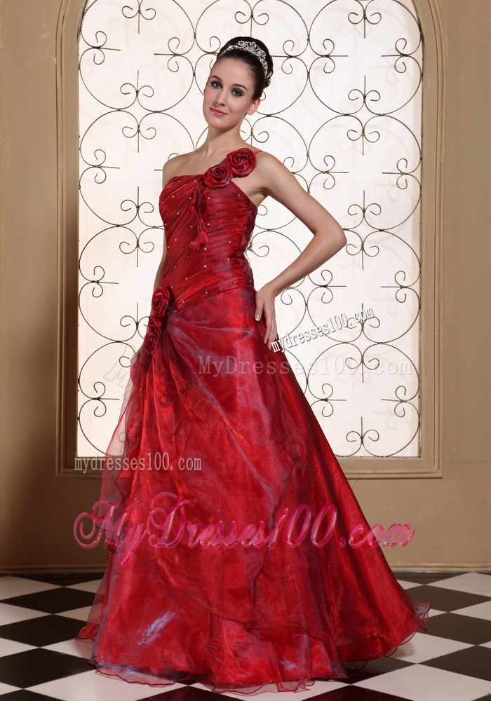 Wine Red One Shoulder Evening Dress Hand Made Flowers