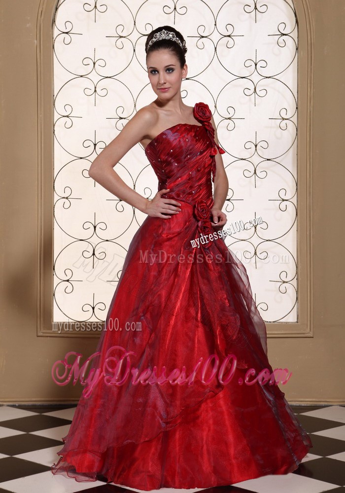 Wine Red One Shoulder Evening Dress Hand Made Flowers