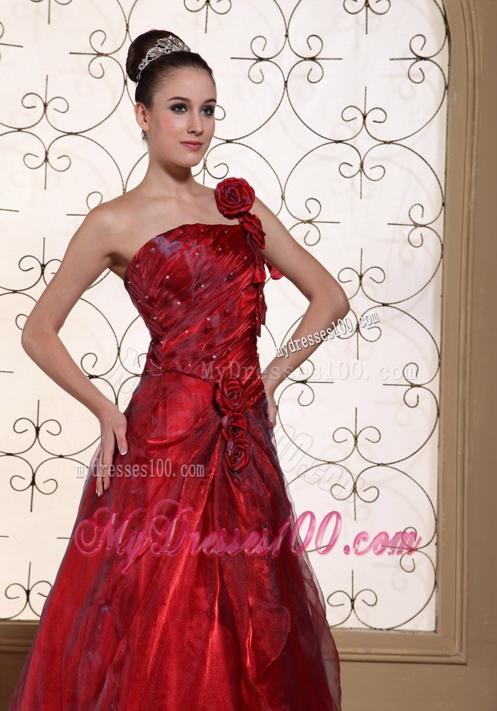 Wine Red One Shoulder Evening Dress Hand Made Flowers