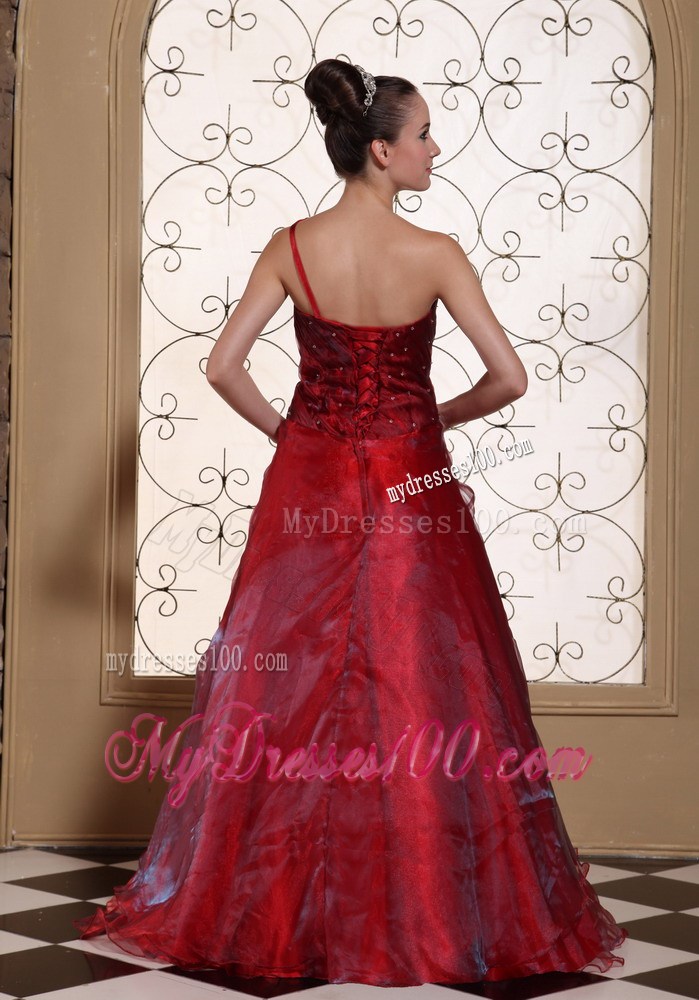 Wine Red One Shoulder Evening Dress Hand Made Flowers