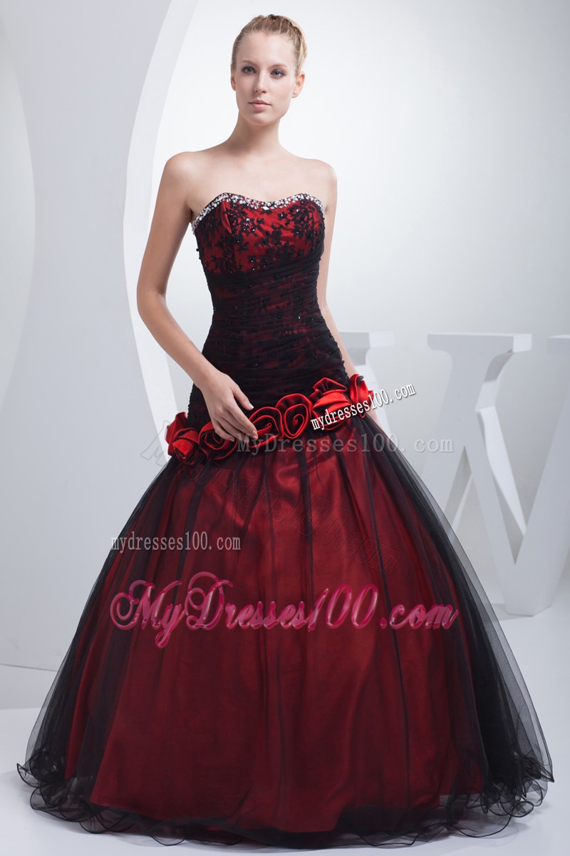 Wine Red Sweetheart Hand Made Flowers Beading Prom Dress
