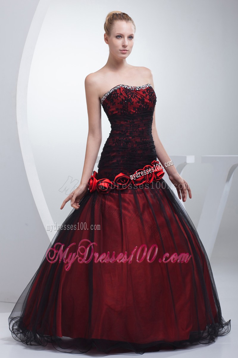 Wine Red Sweetheart Hand Made Flowers Beading Prom Dress