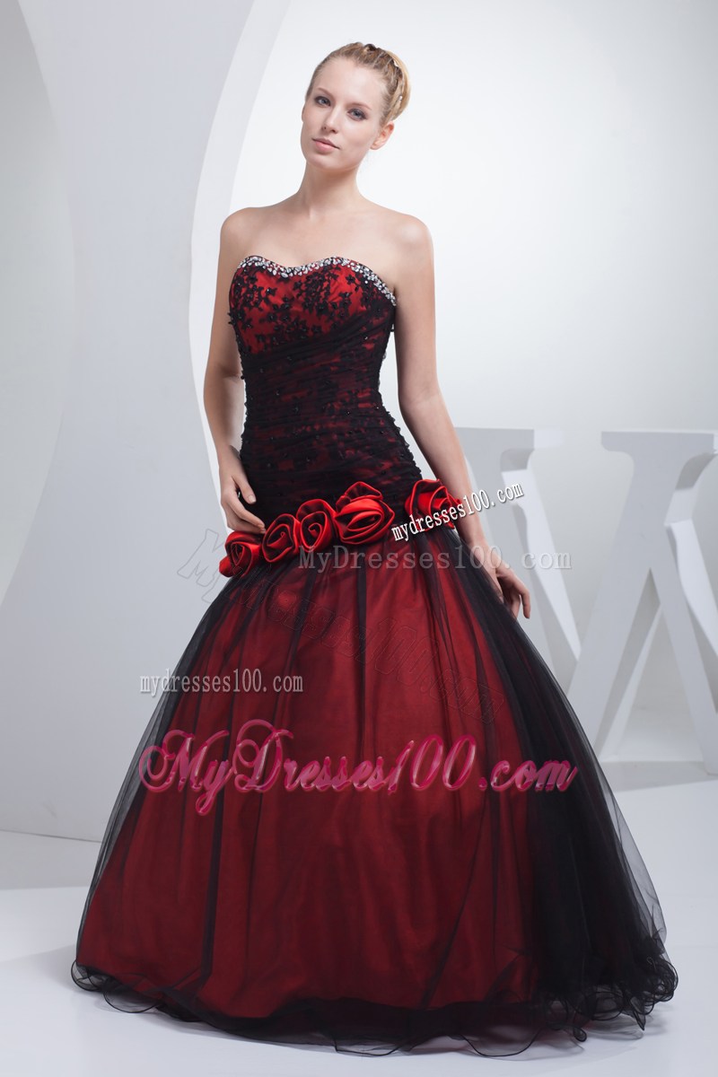 Wine Red Sweetheart Hand Made Flowers Beading Prom Dress