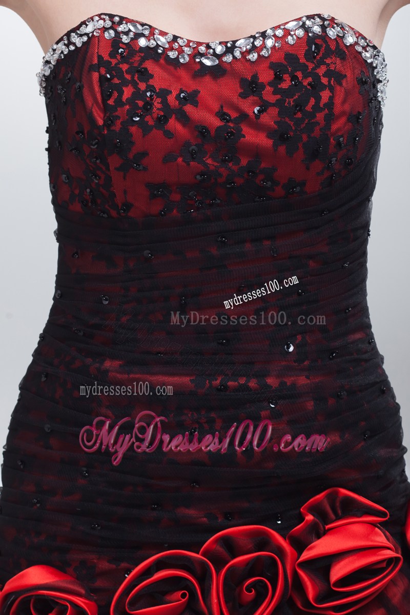 Wine Red Sweetheart Hand Made Flowers Beading Prom Dress