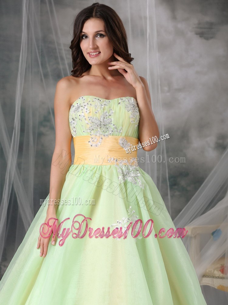 Popular Yellow Green Strapless Evening Dress Appliques
