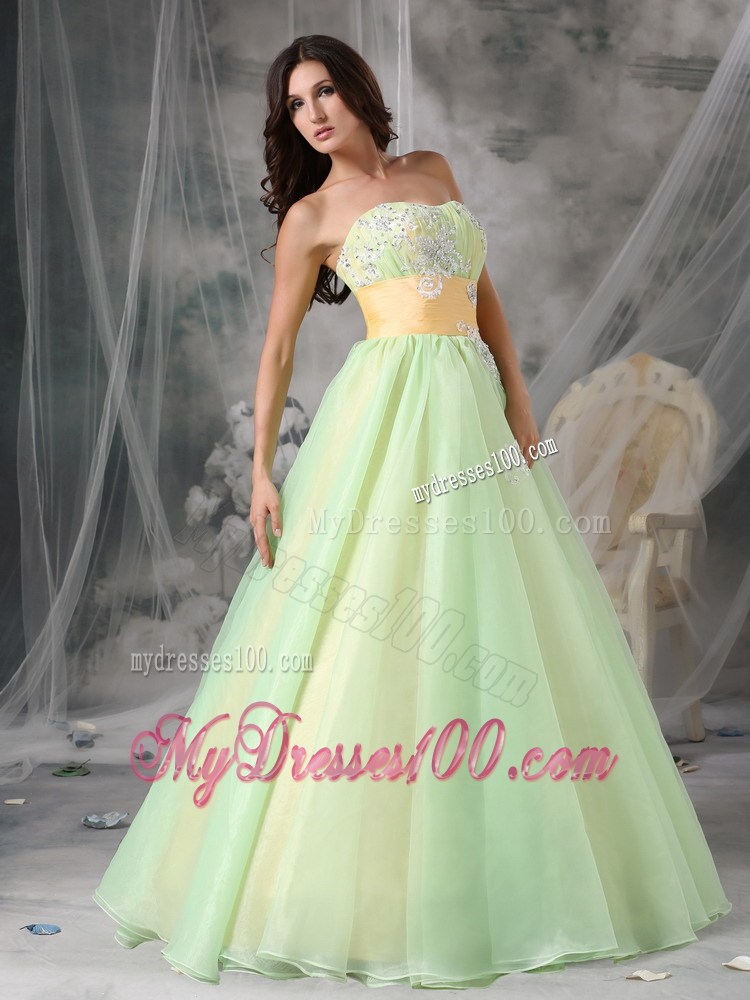 Popular Yellow Green Strapless Evening Dress Appliques
