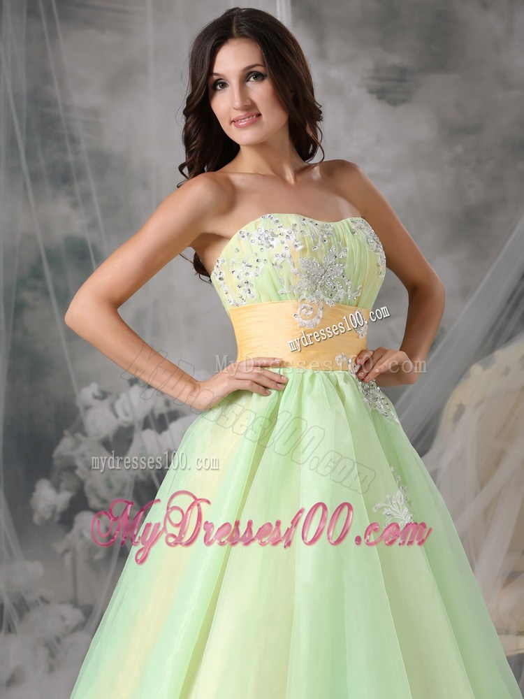 Popular Yellow Green Strapless Evening Dress Appliques
