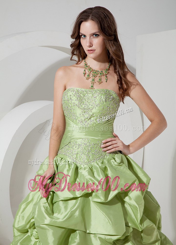 2013 Appliques Yellow Green Strapless Evening Dress